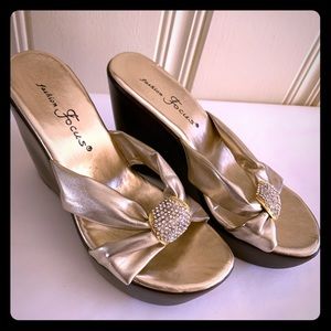 Gold wedge Slide Sandals Mules w Crystal Accents